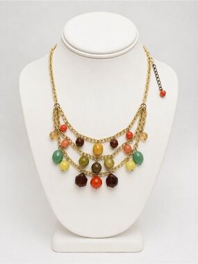 Statement Gold Tone Multi-Strand Necklace with Colorful Beads | Boho Chunky Bib
